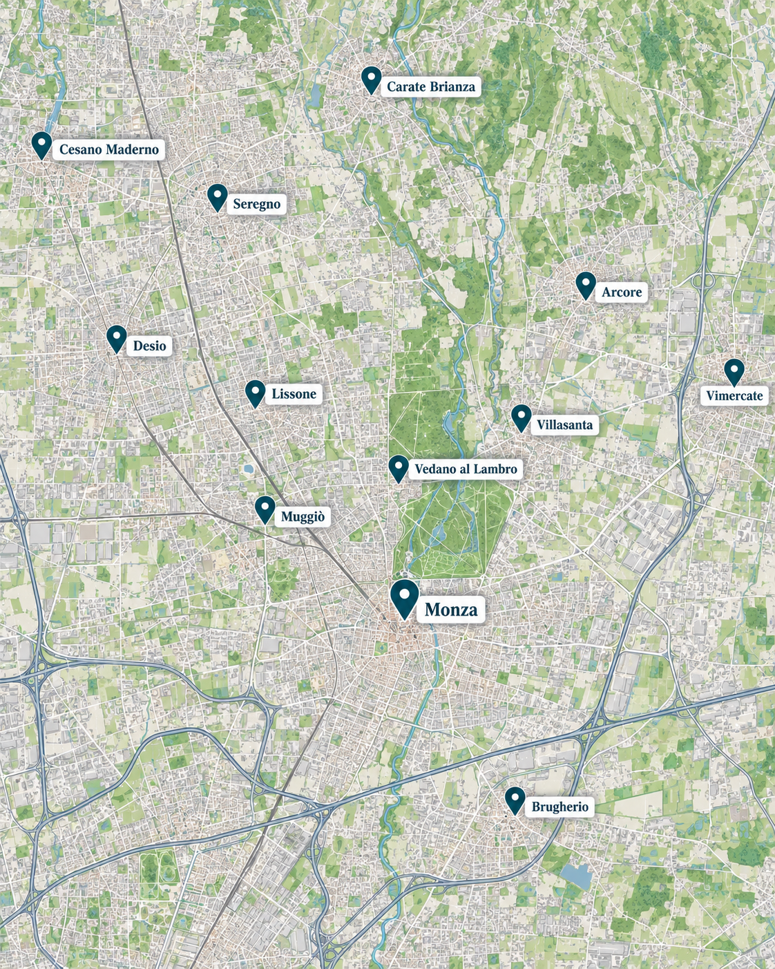 Mappa delle località servite a Monza e nella provincia di Monza e Brianza