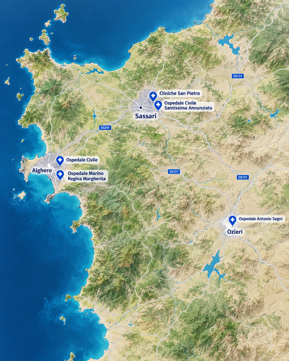 Mappa degli ospedali di Sassari e provincia
