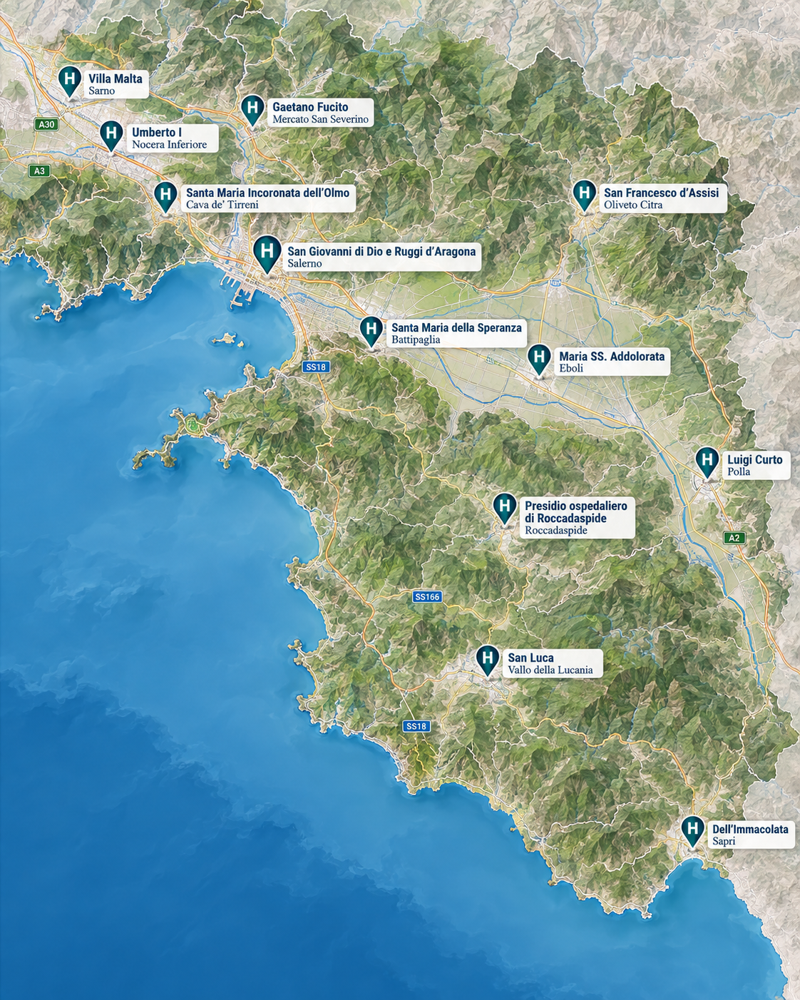 Mappa degli ospedali di Salerno e provincia