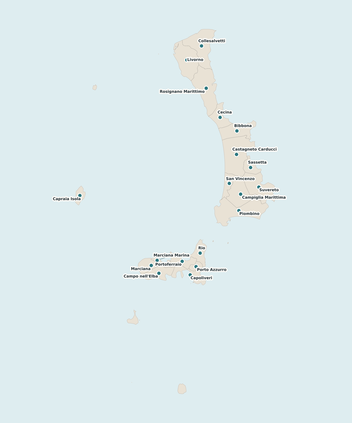 Mappa delle località servite a Livorno e provincia